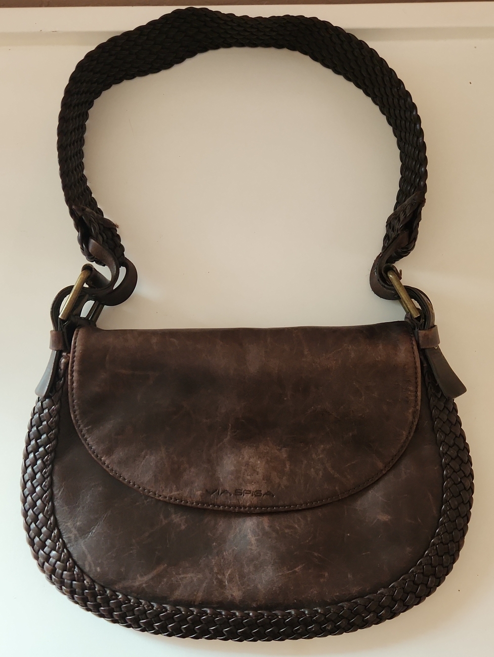 Via Spiga Dark Brown Woven Braided Leather Shoulder Bag Boho Y2k